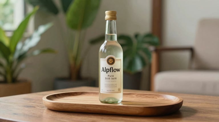 A bottle of Pure Still Alpflow on a minimalist wooden tray, set in a bright Southeast Asian / Thai living room with tropical plants in the background.