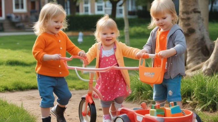 In a sunny outdoor setting, a seated person wearing a red hoodie and jeans is holding a small child in their lap. The child appears to be listening intently. Two other children, one with short hair in an orange striped shirt and the other with longer hair wearing a yellow shirt, are engaging nearby with playful expressions. The ground is sandy and several white plastic chairs are visible in the background, alongside a tent-like structure.
