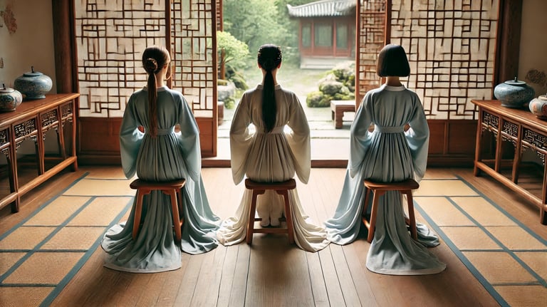 Ancient Chinese ladies meditating in a room