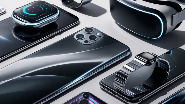 Latest tech devices such as smartphones, smartwatches, or VR headsets to showcase innovation.