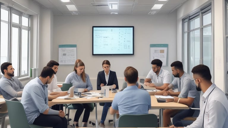 A team of professionals collaborating in a modern office setting.