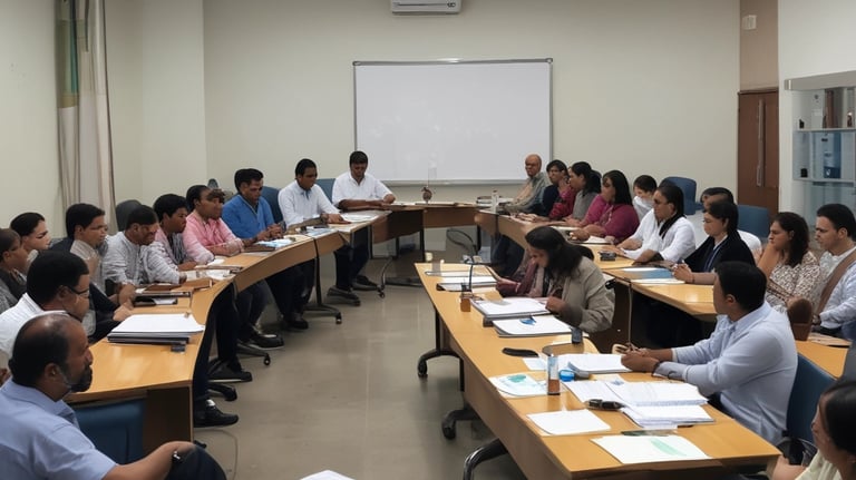 A healthcare professional discussing strategies with clients in a meeting.