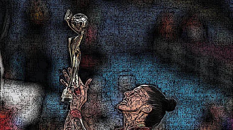 a woman holding a trophy in front of a wall