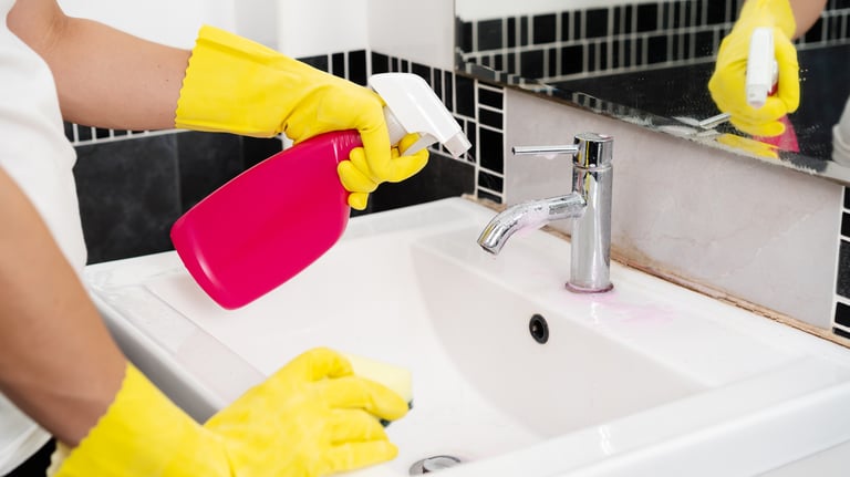 Domestic cleaning a person in yellow gloves cleaning a sink