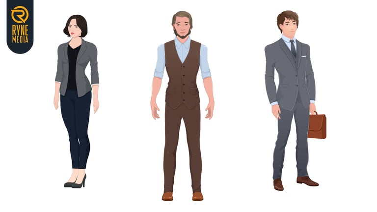 Illustrated professional characters in business casual and formal attire for corporate media projects.