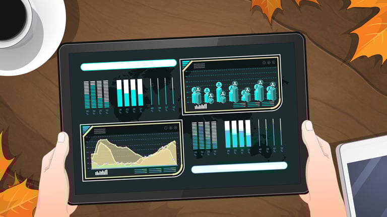 Digital tablet displaying a data analytics dashboard with financial charts and business metrics on a wooden desk.
