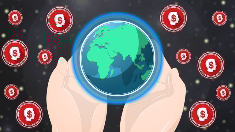 Hands holding a glowing Earth globe surrounded by floating red icons of human heads with dollar signs.