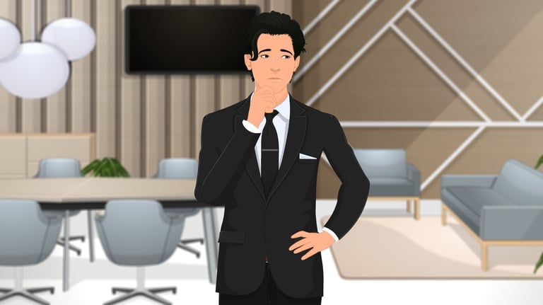 A thoughtful businessman in a black suit stands in a modern corporate office boardroom.