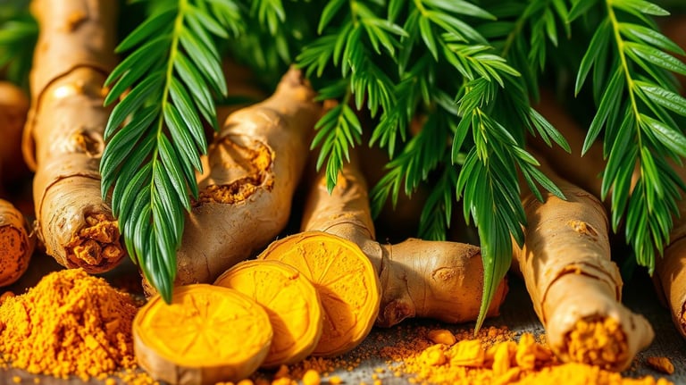 Fresh turmeric rhizomes, golden turmeric powder, and lush green leaves.