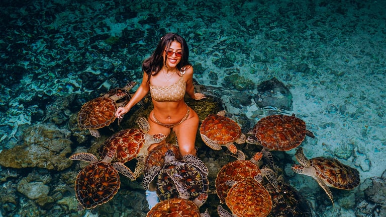 tourist enjoying an interactive tour with sea turtles at the Zanzibar Sea Turtle Aquarium, exploring marine life
