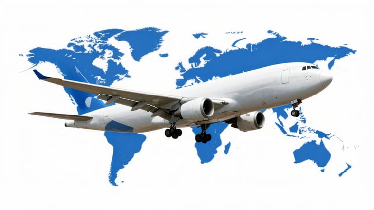 A cargo plane and a ship integrated into a global logistics graphic. Modern and efficient. Dominant colors are #2F5B8B and #8DAFD8.