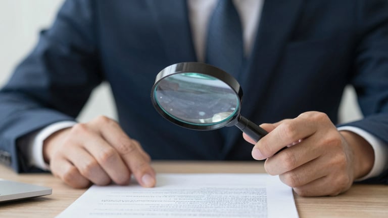 A person in professional attire reviewing an official document with a magnifying glass, suggesting detail-oriented validation. Clean, high-end look.