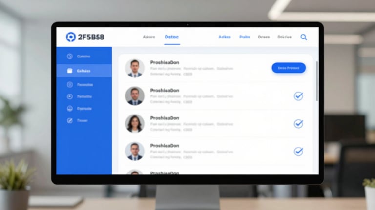 A modern office setting showing a digital interface with provider profiles and verification checkmarks. Professional and trustworthy mood using #2F5B8B.