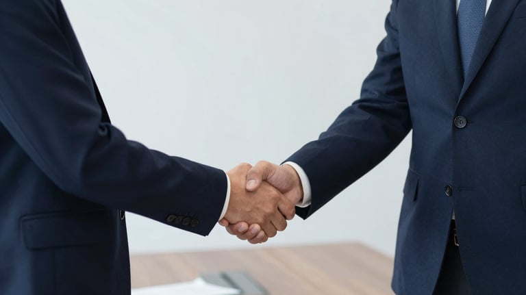 Two business professionals shaking hands in a minimalist meeting room, symbolizing successful negotiation. Palette includes #0F1E3D.