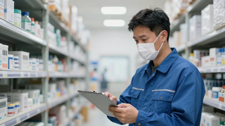 An inspection professional checking products in a clean, modern warehouse facility in China. Lighting is bright and professional.
