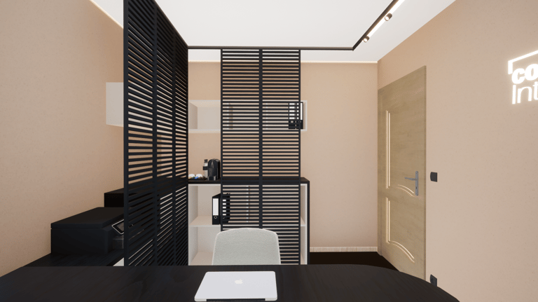 Des mobiliers sur-mesure dans un bureau d'architecte d'intérieur, ambiance beige et chaleureuse