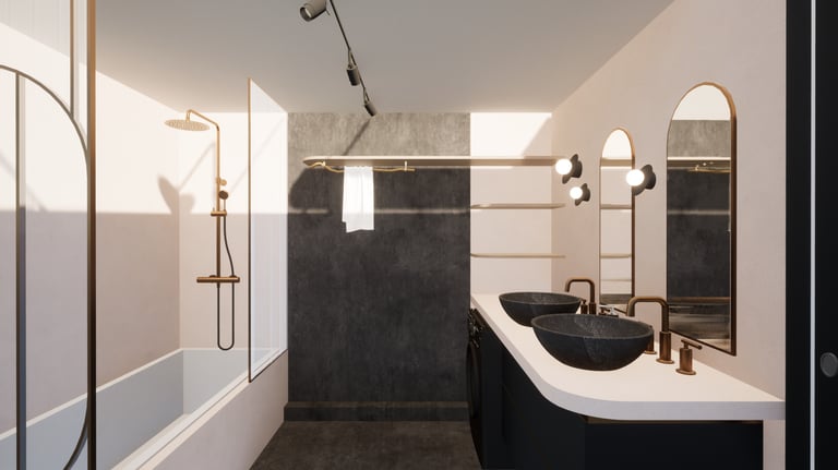 Salle de bain complète composée d'un meuble évier, une douche et un wc dans les tons gris et beige