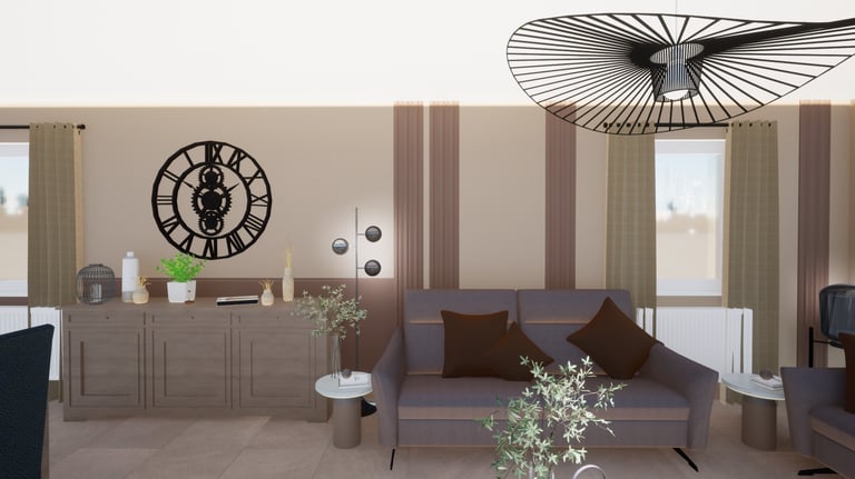 Projet de transformation d'un living avec un canapé, une suspension et des panneaux décoratifs