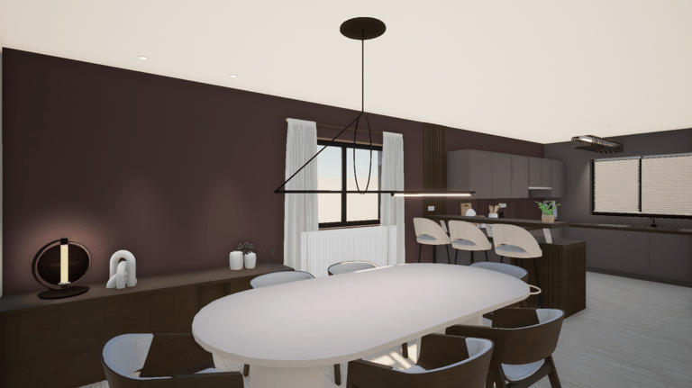 Salle à manger dans les tons marrons, mobilier beige clair et luminaire contemporain