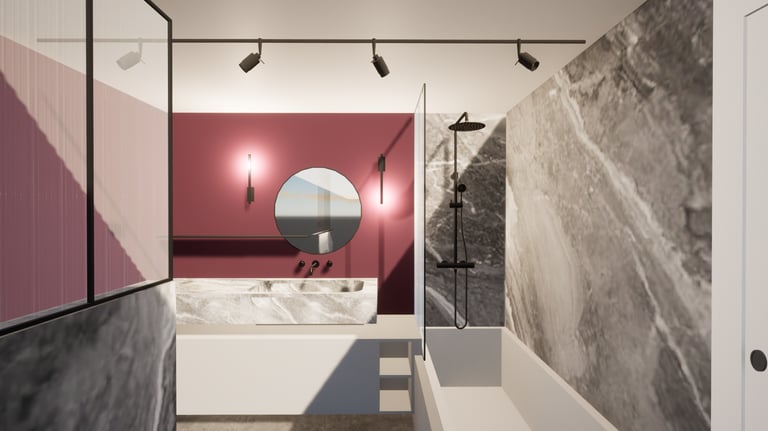 Vue complète d'une salle de bain avec des murs bordeaux,une baignoire et du carrelage marbre gris