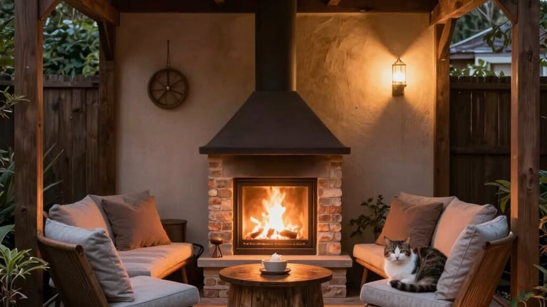 Cozy backyard patio with a wood-burning outdoor fireplace, rustic wooden pergola, and comfortable lounge seating.