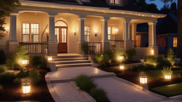 A well-lit house with decorative outdoor lighting stands in the foreground, with a garden featuring several tables and chairs under colorful umbrellas. A glowing, spiral light decorates a nearby tree or pole, adding to the festive ambiance. The scene suggests an evening event or gathering.