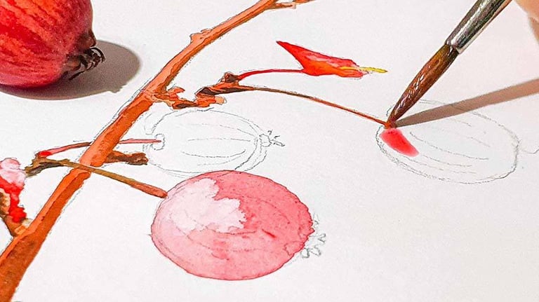 botanische schildering met rode besjes