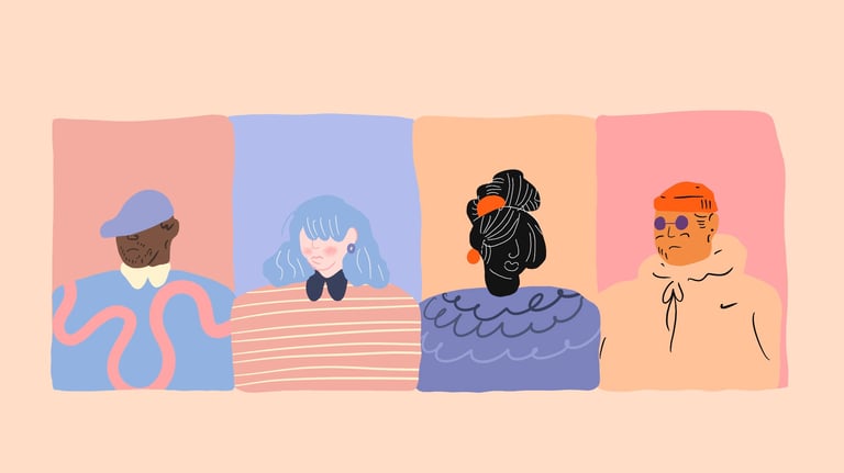 Könül Kina Bayramova flat illustration a group of people standing in front of a wall