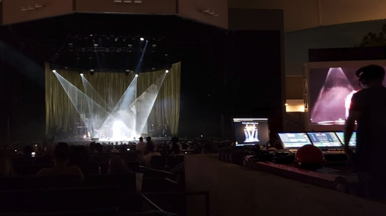 Front house stage view of a concert event.