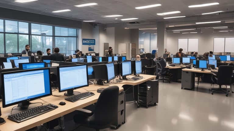 A black and white photograph of a classroom where multiple students are sitting at desks with computers. A person is interacting with the students, possibly teaching or assisting them. Large windows line the wall in the background, allowing natural light to illuminate the room.