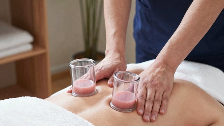 A person is giving a massage in a dimly lit room. The focus is on the hands applying pressure on the back of the individual lying down. The atmosphere appears calm and therapeutic.