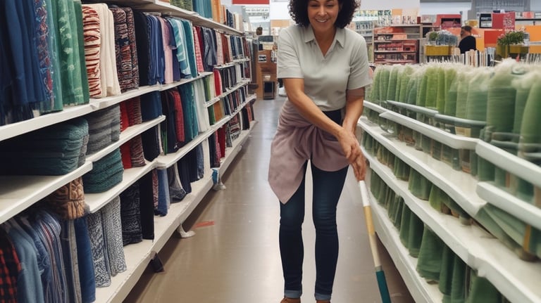 A woman in a dark uniform with a white apron and hair ribbon is cleaning the handle of a door. The setting appears to be the entrance to an old building with stone walls and a metal grate on the ground. A brass-finished metal container is positioned near the entrance.