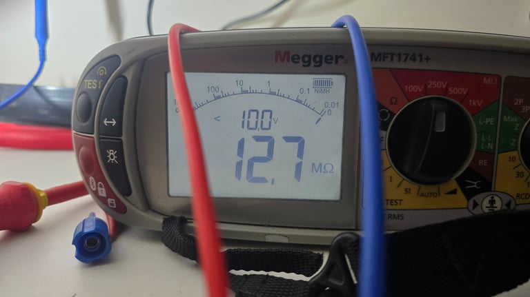 Megger electrical test instrument performing insulation resistance testing during an electrical inspection