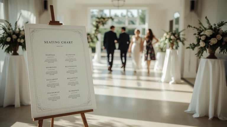 Plan de table de mariage élégant affiché sur chevalet en bois à l’entrée d’une salle lumineuse.