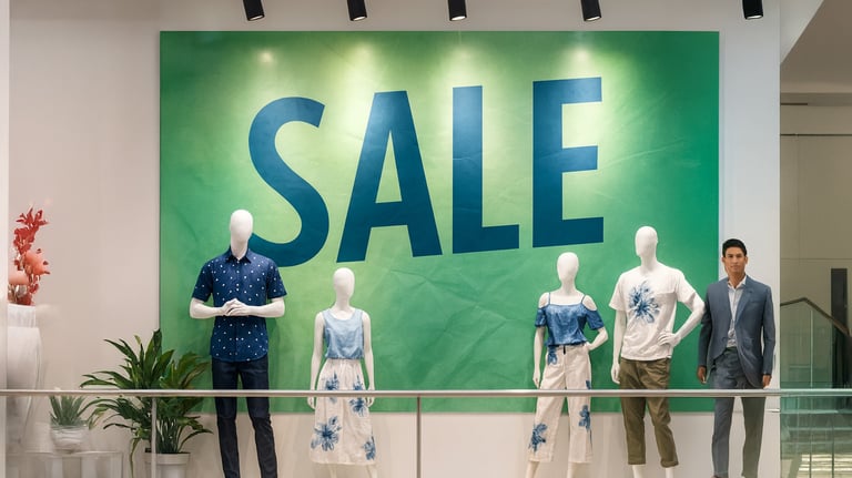 A store window display shows four mannequins dressed in casual blue and white outfits. Behind them, a large green banner with