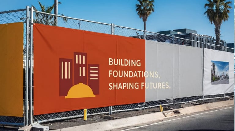 A construction fence is covered with large banners. One banner is deep brick-red with a simple graphic of tall buildings in d