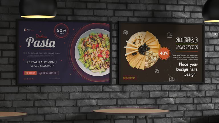 "Restaurant wall mockup with two posters. The first one promotes Italian pasta with 50% off, featuring a colorful pasta salad