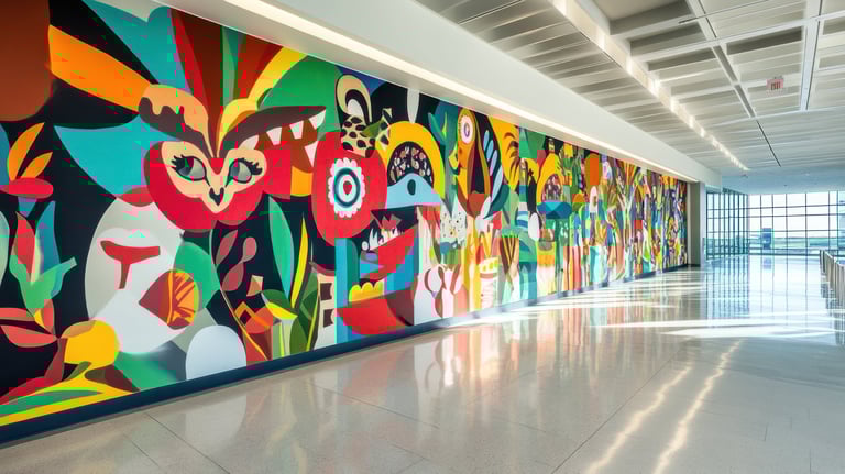 A large, colorful mural stretches across a long hallway wall filled with abstract shapes and nature-inspired figures. A big-e