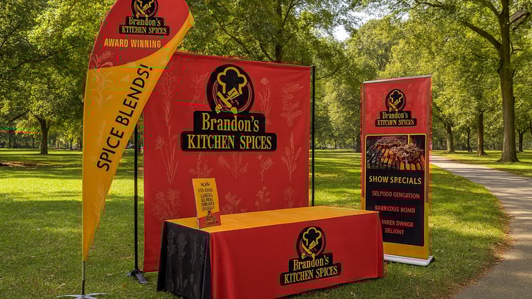 Outdoor promotional booth for Brandon's Kitchen Spices in a park. The setup includes a red and gold