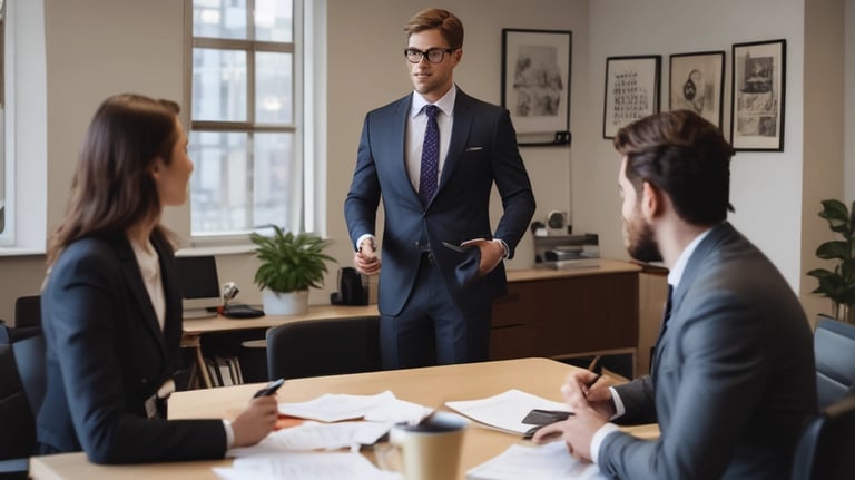 A professional consultant discussing financial strategies with clients in an office.