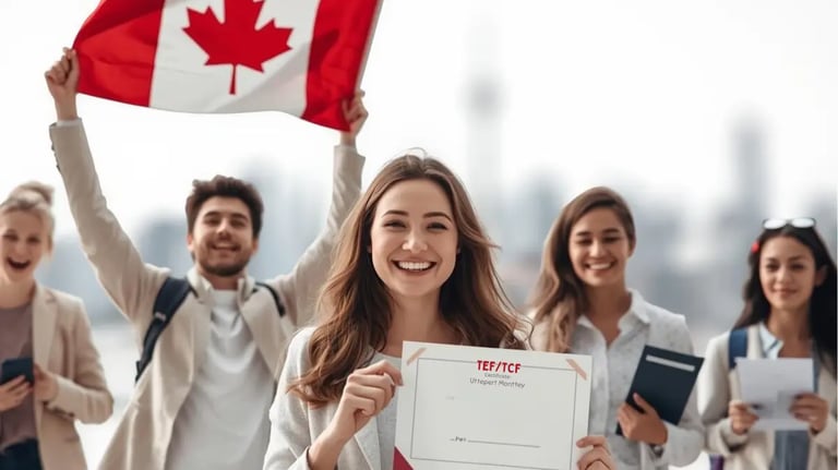 confident student or small group of students celebrating, holding a Canadian flag and a TEF/TCF certificate