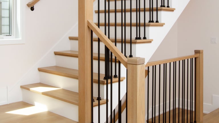 Elegant and modern stairs with wood rails and posts and iron balusters. 