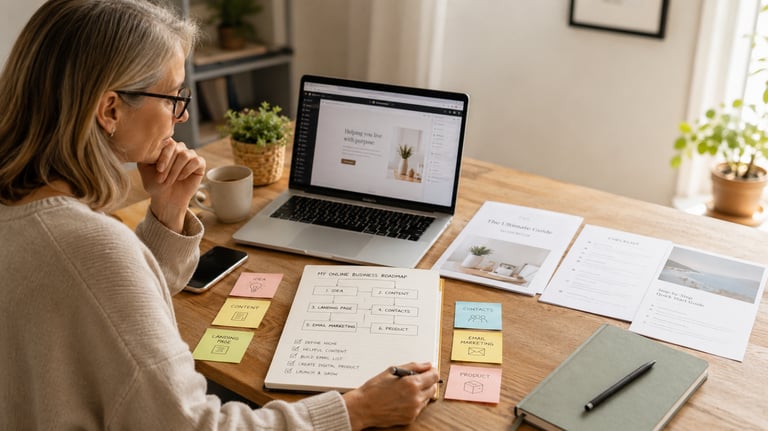 Donna che lavora da casa al computer mentre organizza un ecosistema digitale per un business online 