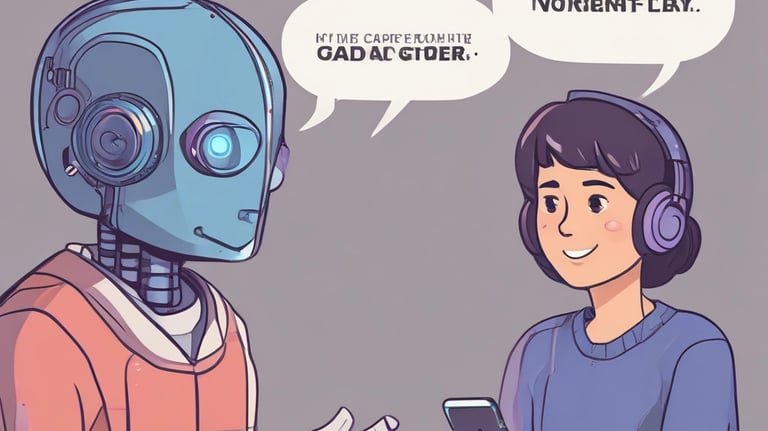 A small, white humanoid robot with blue accents, including eyes, mouth, and a circular badge with the letters 'AI' on its chest, is positioned in front of a blue laptop on a metallic surface. The robot has a simple, smooth design with two cylindrical arms and a small antenna on top.