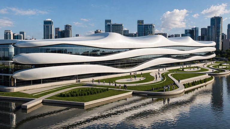Modern curvilinear building with wavy white architecture and green landscape by a river.