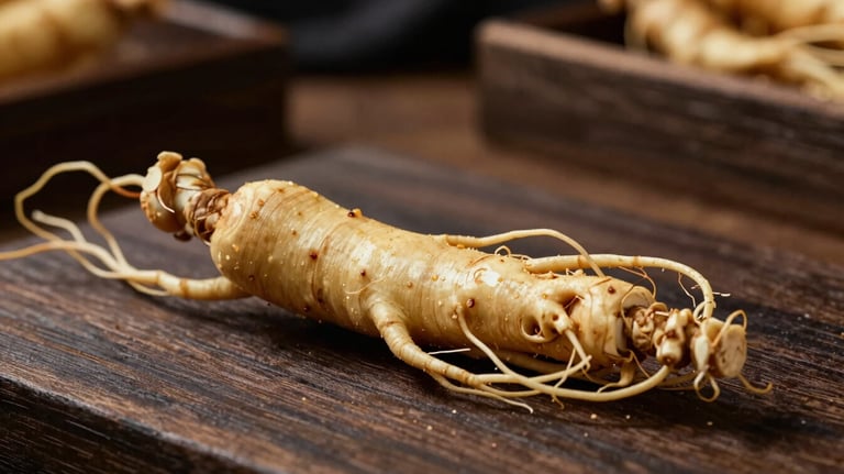 Macro photography of a fresh ginseng root on a dark wood table in a North American / US apothecary setting. The lighting is warm and emphasizes the natural, premium quality.