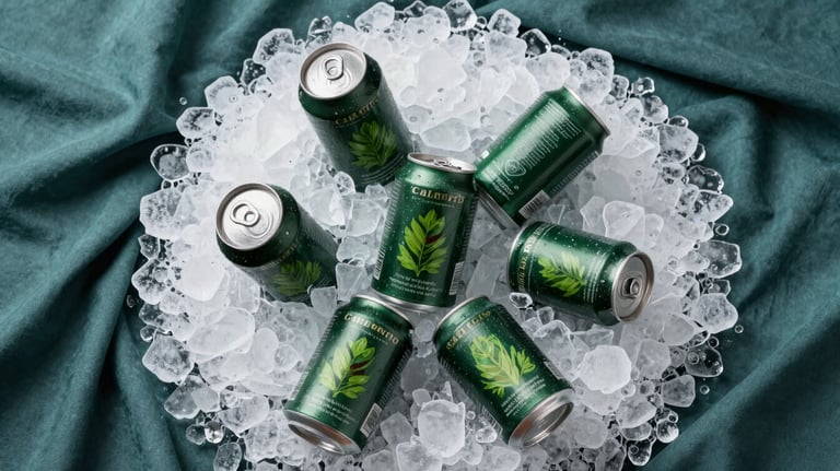 A top-down shot of several Dark Forest Green Calegre cans arranged artistically on a bed of fresh ice, surrounded by Muted Teal fabric. Bright, premium aesthetic.