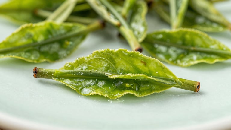 Detailed shot of vibrant, fresh organic green tea leaves on a clean Light Seafoam surface. Soft, natural lighting highlights the textures and rich greens.