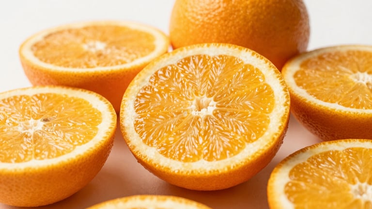 Vibrant, macro photography of fresh B-vitamin rich citrus fruits sliced open, showing the juicy interior against an Off-White background. Bright, invigorating style.