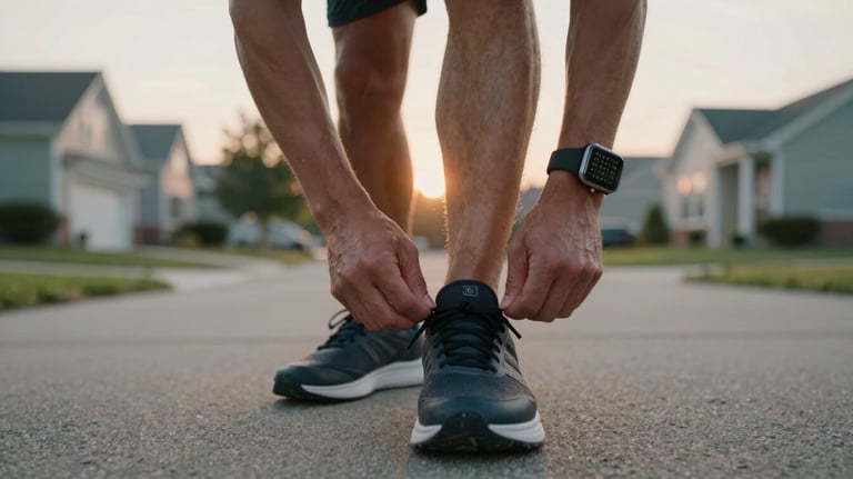 A close-up shot of a person's hands wearing a high-end smartwatch, tying their running shoes in a North American / US suburban driveway at sunrise. Energetic and crisp.